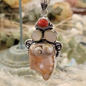 Baroque Pearl & Red Jasper Sterling Silver Pendant Necklace - Timeless Elegance